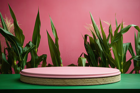 pink podium close shot green backg studio with cornの素材