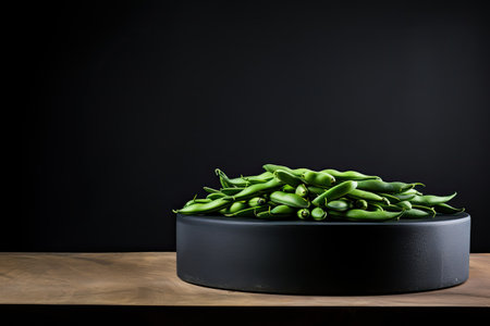 stone podium close shot black wood backg studio with green beanの素材
