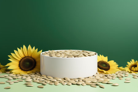 white podium close shot green backg studio with sunflower seedsの素材