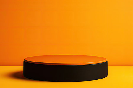 yellow podium close shot orange backg studio with black oliveの素材