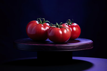 purple podium close shot black backg studio with tomatoesの素材