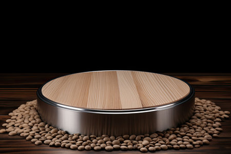 silver podium close shot wood backg studio with black eyed peasの素材
