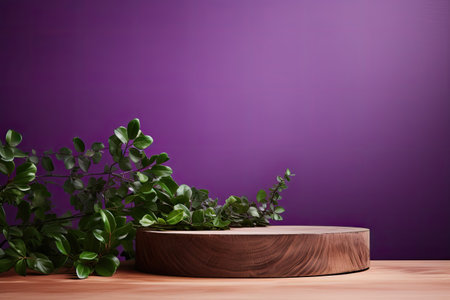 wood podium close shot purple backg studio with green beanの素材