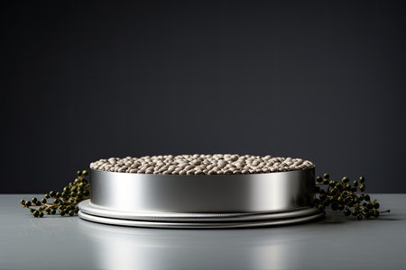 silver podium close shot grey backg studio with Soybeanの素材