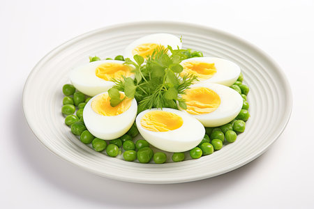 A breakfast dish of fried egg toast and green pea on a white plateの素材