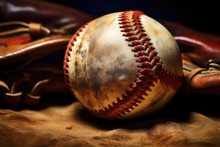 A close up photo of a worn baseball and gloveの素材