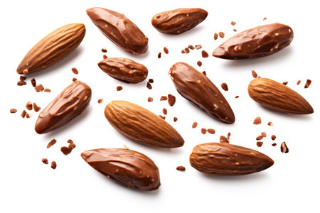 Almond chocolate nuts flying in a white backgroundの素材