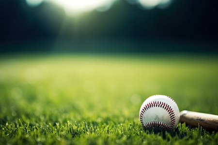 Baseball equipment on green field Sport background with space for text and adsの素材