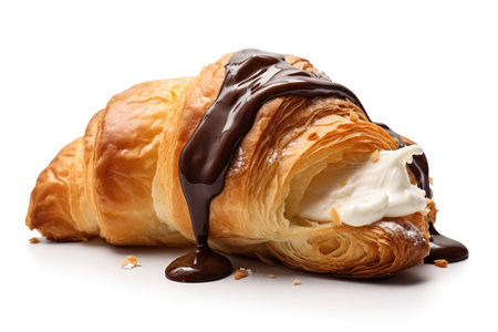 Assorted croissant with chocolate jam milk and cream on isolated white background Compilationの素材