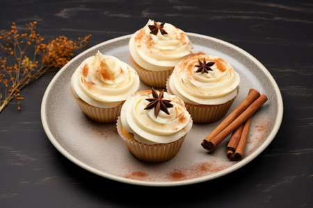 Autumn themed apple cupcakes with cream cheese frosting adorned with dried apple slices and cinnamonの素材