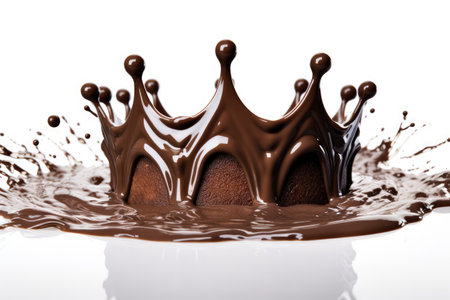 Chocolate pool with crown splash on white backgroundの素材