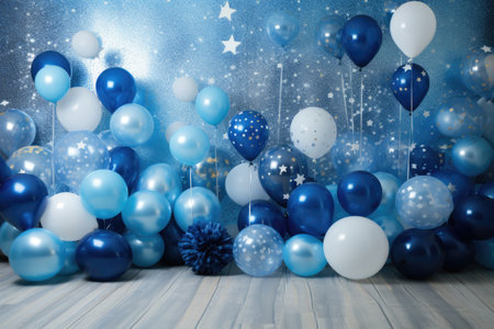 Child kids birthday party decor with blue and silver starry space balloon photo zone Children partyの素材