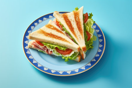 Close up top view of a club sandwich with ham cheese cucumber tomato and lettuce served on a blue plの素材