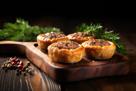 Closeup of Traditional Australian meat mini pie on wooden board rustic styleの素材