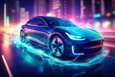 EV car charges using clean energy for future drivingの素材