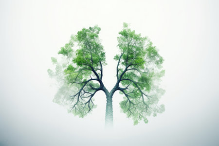 Double exposure of a healthy green environment and lungs infected with Covid 19 on white backgroundの素材
