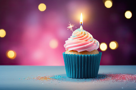 Cupcake for birthday celebration with candle and giftの素材