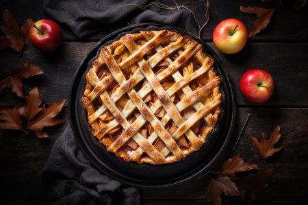 Classic autumn dessert homemade apple pie on dark rustic background from a top viewの素材