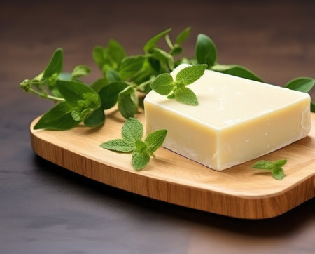 Eco friendly solid shampoo bar on wooden dish with green leaves Zero waste and space for textの素材