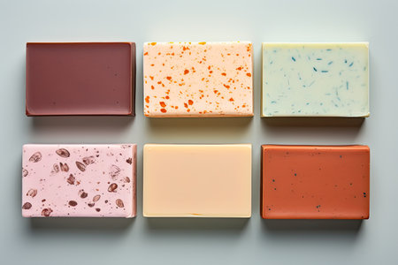 Design mockup featuring handmade soap bars on a colored background from a top viewの素材