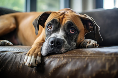 Dog laying on sofa at home looking out windowの素材