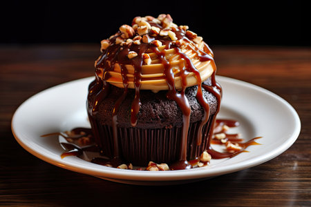 Cupcake with chocolate caramel nuts and butterscotch syrupの素材