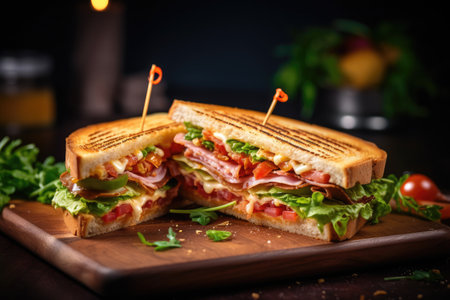 Fast food concept showcasing club sandwich and take away with two toasted sandwiches featuring ham cの素材