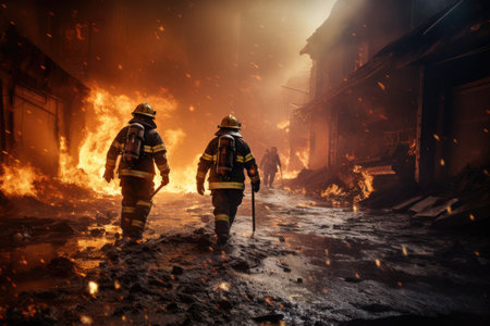 Firefighters putting out fires and saving injured individualsの素材