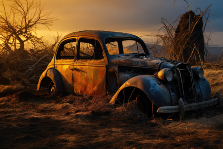 Abandoned and decaying car near a ruined houseの素材