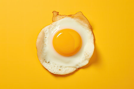 Fried egg on a yellow surface viewed from aboveの素材