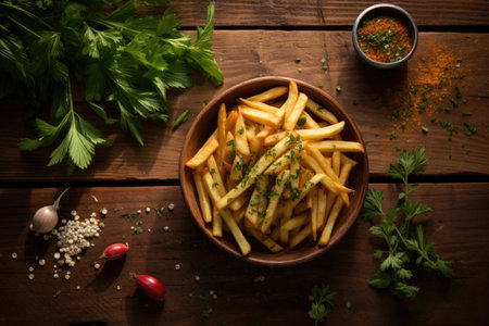 French fries with herbs on a wooden background in a rustic close up photoの素材