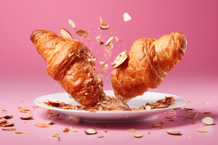 Freshly baked almond croissants with nuts served with hot coffee and a golden spoon flying on a whitの素材