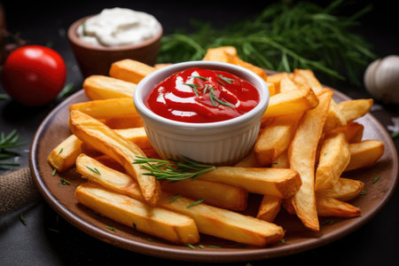 French fries or chips with sour cream and ketchupの素材