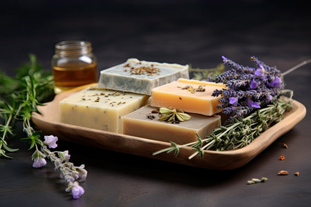 Gray background showcasing tray of artisanal handmade soapの素材