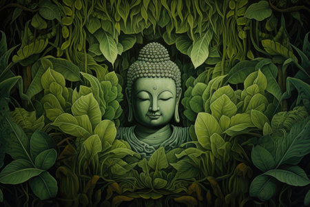 Green leaf border with Buddhaの素材