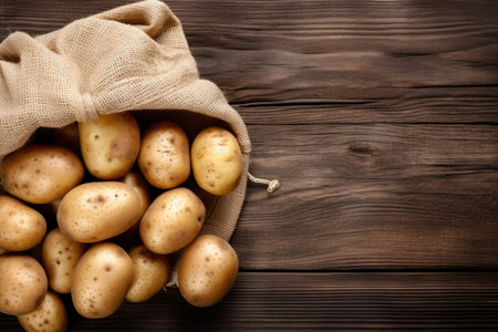 Fresh raw potatoes in an aged sack on a wooden surface viewed from aboveの素材