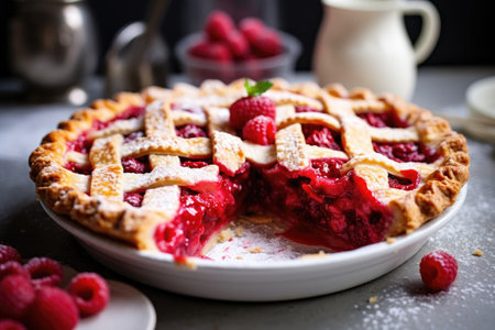 Fresh sugared raspberries atop white table sliced raspberry pieの素材