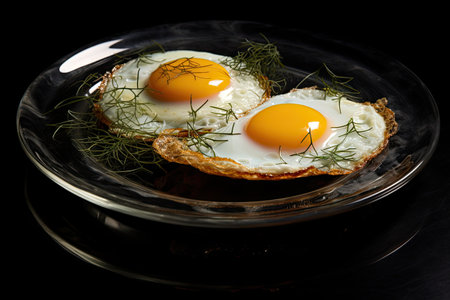 Fried eggs on a dark dishの素材