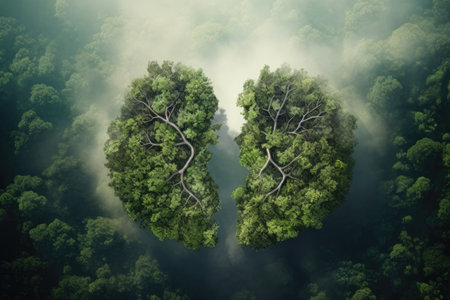 Green field with forest and fire viewed from above Tree shaped lungs represent the health of the Earの素材