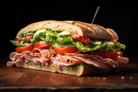 Half of a ciabatta sandwich with lettuce tomatoes ham and cheeseの素材