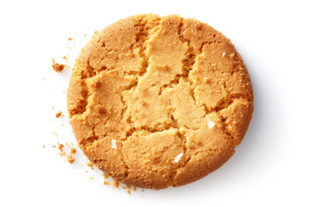Ginger biscuit with missing bite and crumbs isolated from aboveの素材