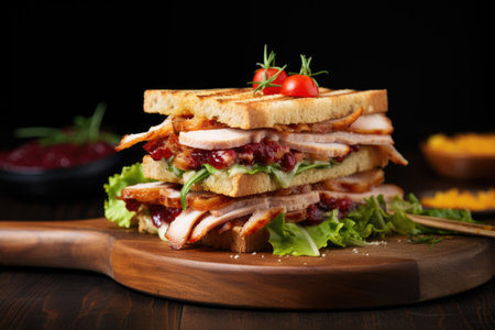Healthy and tasty club sandwich with turkey salad bacon tomato and cranberry sauce on cutting boardの素材