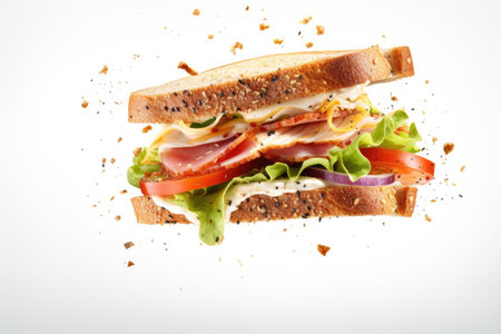High resolution image of sandwich with flying ingredients on white background copyspace for textの素材