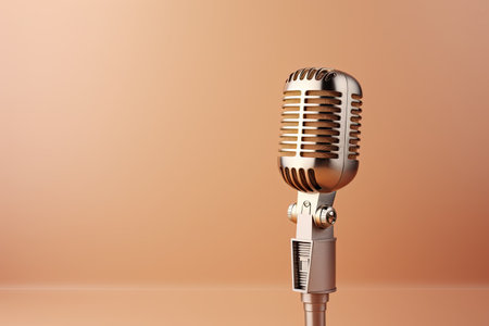 Luxurious gold microphone for contests designed elegantly on a pastel background with copy spaceの素材