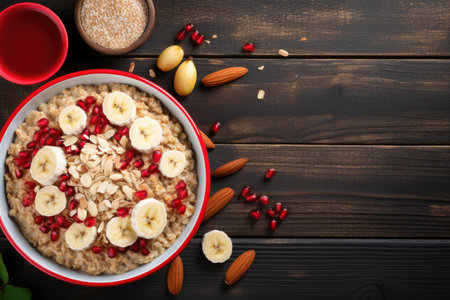 Healthy and delicious oatmeal with banana pomegranate seeds almond and cinnamon Proper nutrition forの素材