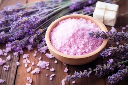 Organic lavender SPA cosmetics displayed with bath salt spa products and lavender flowers on a woodeの素材