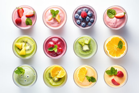 Smoothie based artistic composition concept Flat lay with white backgroundの素材