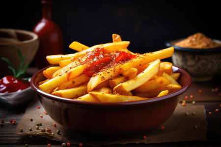 Spicy Peri Peri French Fries with ketchup served in a bowl on rustic woodの素材