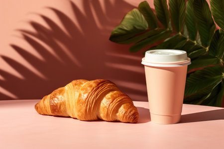Takeaway breakfast with coffee and croissant in a craft paper cup on a sunny urban scene with pink bの素材