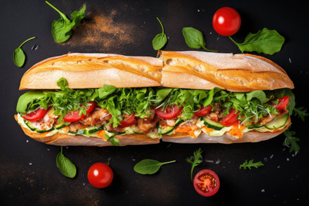 Top down view of a scrumptious vegetarian sandwich cut in two halves with lettuce tomatoes and sauceの素材